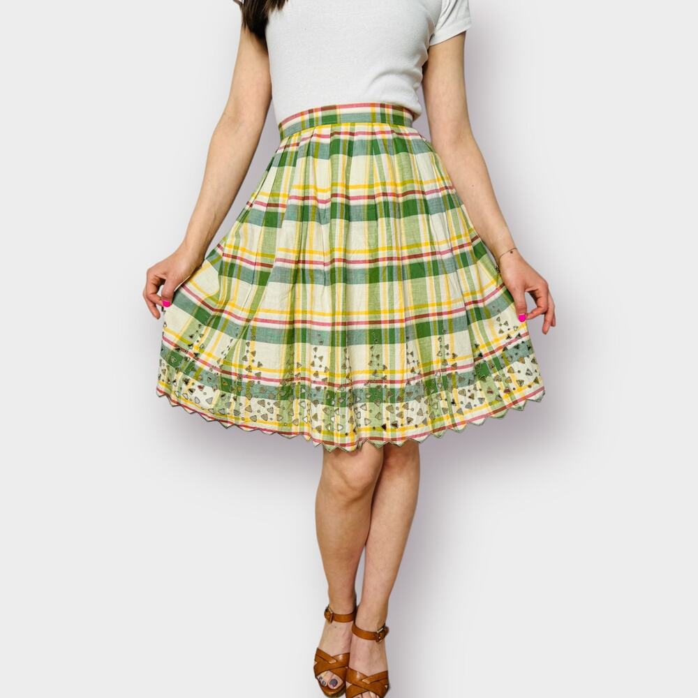 Vintage‎ 70s Green Yellow Plaid Skirt with Cut-Out Edges